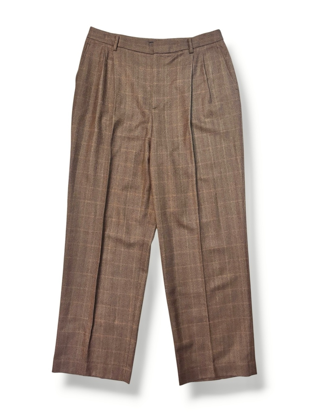 ELLEN TRACY Brown Plaid Wool Trousers High Waist Pleated Front Size 16 VINTAGE